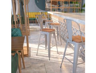 30" High Silver Metal Barstool with Back and Wood Seat - Kitchen Furniture