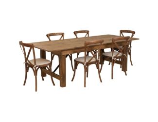 8' x 40" Rustic Folding Farm Table Set with 6 Cross Back Chairs and Cushions