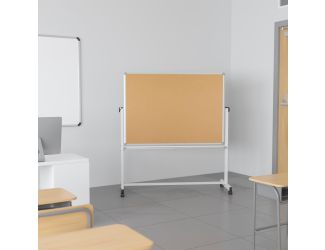 53"W x 59"H Reversible Mobile Cork Bulletin & White Board with Pen Tray