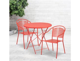 30" Round Coral Indoor-Outdoor Steel Folding Patio Table Set with 2 Chairs
