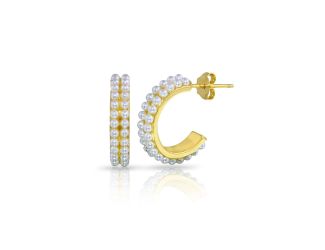 PARIKHS Gold Plated Pearl Hoop Clear CZ Earrings in 925 Sterling Silver