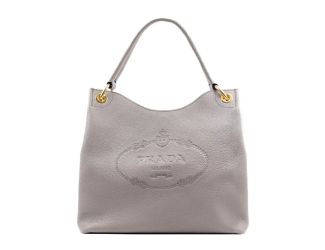 Prada Vitello Phenix Grey Leather Embossed Logo Hobo Tote Bag