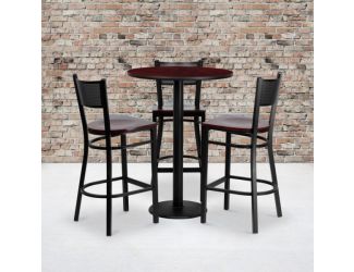 30" Round Mahogany Laminate Table Set w/3 Metal Barstools - Mahogany Wood Seat