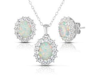 Oval Opal & White Topaz Earrings & Necklace Set