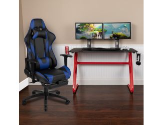 Gaming Bundle-Cup/Headphone Desk & Blue Reclining Footrest Chair