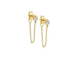 Teardrop Bezel Drop Chain Stud Earring