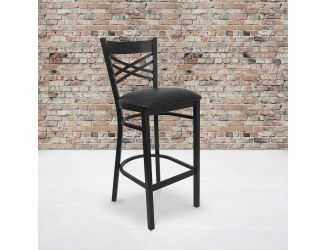 Black "X" Back Metal Restaurant Barstool - Black Vinyl Seat