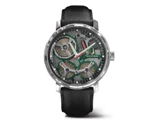 Men's Spaceview Blk Leather Strap Watch Green Dial