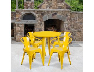 30" Round Yellow Metal Indoor-Outdoor Table Set with 4 Arm Chairs