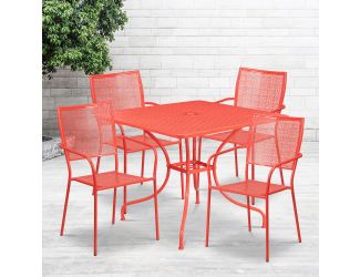 35.5" Square Coral Indoor-Outdoor Steel Patio Table Set w/ 4 Square Back Chairs