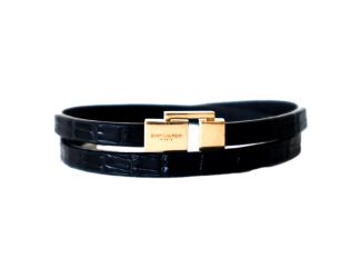 Saint Laurent Black Smooth Leather Double Wrap Bracelet with Gold-Tone Engraved Clasp