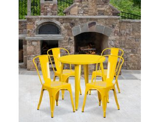 30" Round Yellow Metal Indoor-Outdoor Table Set with 4 Cafe Chairs