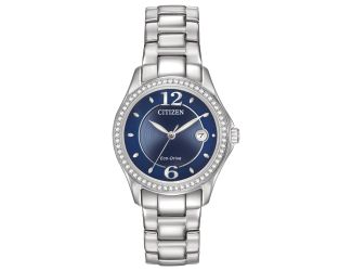 Ladies' Silhouette Crystal Eco-Drive Watch, Stainless Steel, Blue Dial and brilliant Crystals