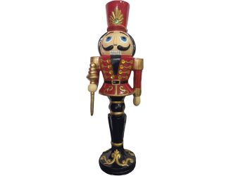 3-Ft. Nutcracker Toy Soldier Holding a Staff, Resin Figurine w/ LED Lights, Indoor or Covered Outdoo