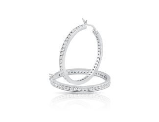 PARIKHS Rhodium Plated Round Clear CZ Hoop Earrings in 925 Sterling Silver-35MM