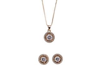 Rose Gold Tone Halo CZ Necklace and Earrings Set
