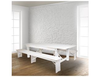 3 Piece Set-8' x 40" Antique Rustic White Folding Farm Table and Two Bench Set