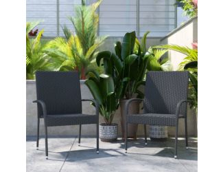 Indoor/Outdoor Stacking Steel Framed Gray Wicker Dining Armchairs - 2 Pack
