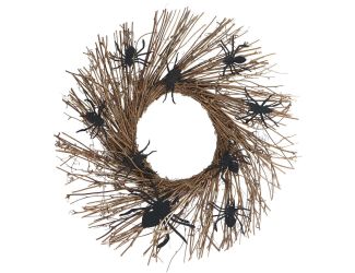 20-In. Battery-Operated Natural Twig Wreath with LED Lights and Creepy Spiders for Halloween Door or