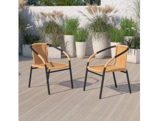 2 Pack Beige Rattan Indoor-Outdoor Restaurant Stack Chair with Curved Back