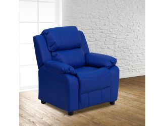 Deluxe Padded Contemporary Blue Vinyl Kids Recliner with Storage Arms