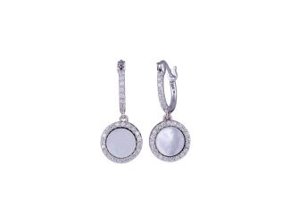 PARIKHS Rhodium Plated Dangling CZ Disc with Mother of Pearl Huggie Earring in 925 Sterling Silver