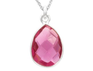 Antwerp's Teardrop Pink Quartz Necklace is bezel set with solitaire pear shaped pink q, 14 x 10 mm