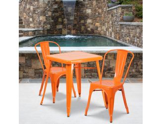23.75" Square Orange Metal Indoor-Outdoor Table Set with 2 Stack Chairs