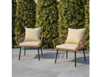 All-Weather Natural PE Rattan Wicker Patio Chairs with Gray Cushions - 2 Pack