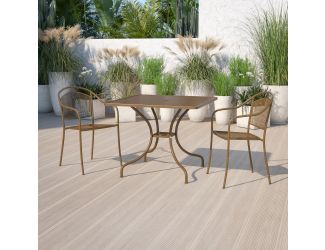 35.5" Square Gold Indoor-Outdoor Steel Patio Table-Umbrella Hole-Restaurant