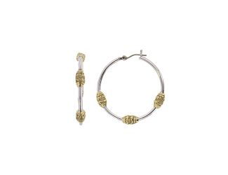 Two Tone Triple Bead Hoop Earrings. 1.1/4" - Rhodium and Gold