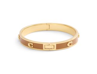 Pegged C Enamel Hinged Bangle - Saddle/Gold