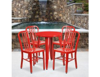 24" Round Red Metal Indoor-Outdoor Table Set with 4 Vertical Slat Back Chairs