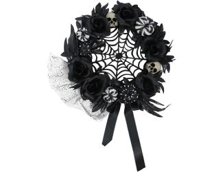 15-In. Halloween Black and White Floral Wreath with Pumpkins, Skulls, and Spiderweb for Haunted Hous