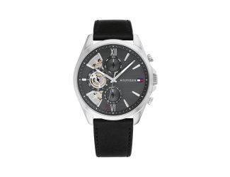 Tommy Hilfiger Gents. Stainless Steel Case. Black Leather Strap. Dark Grey multi-function Dial.