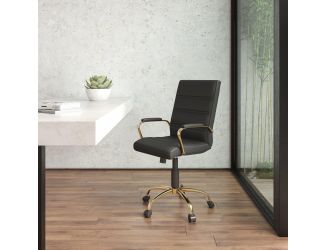 Mid-Back Black LeatherSoft Executive Swivel Office Chair with Gold Frame/Arms