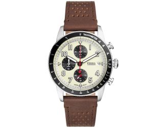Mens Sport Tourer Chronograph Silver & Brown Leather Watch Cream Dial