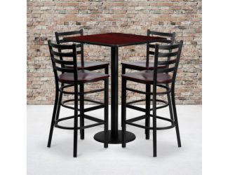 30" Square Mahogany Laminate Table Set w/4 Metal Barstools - Mahogany Wood Seat