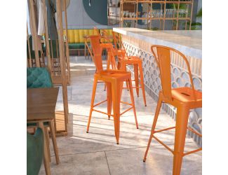30" High Orange Metal Indoor-Outdoor Barstool with Back - Kitchen Furniture