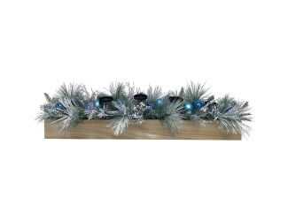 42-inch 5-Candle Holder Holiday Centerpiece with Frosted Pine Branches and Blue Ornaments in Wooden