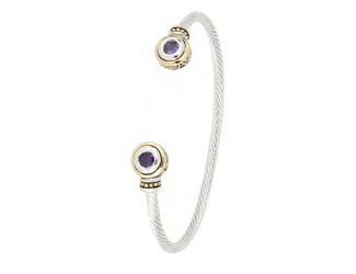Beijos Two Stone wire Cuff Bracelet, Amethyst CZs, 7" length. End motif 3/4" Diam. Made in America
