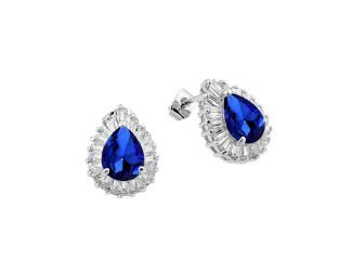 PARIKHS Rhodium Plated Clear and Blue Teardrop Baguette CZ Stud Earring in 925 Sterling Silver