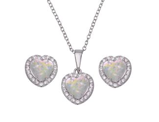 PARIKHS Rhodium Plated Halo Heart Necklace-Earring Set in Synthetic Opal, CZ in 925 Sterling Silver