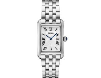 Seiko Essentials SS Quartz White Dial, Rectangle Case, Blue sweep accent, Roman Numerals