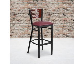 Black Slat Back Metal Restaurant Barstool - Mahogany Wood Back, Burg Vinyl Seat