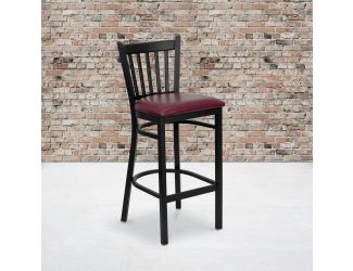 Black Vertical Back Metal Restaurant Barstool - Burgundy Vinyl Seat