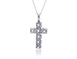 PARIKHS Clear CZ Rhodium Plated Fancy Cross Pendant Necklace in 925 Sterling Silver