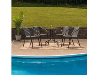28" RD Glass Metal Table with Gray Rattan Edging and 4 Gray Rattan Stack Chairs