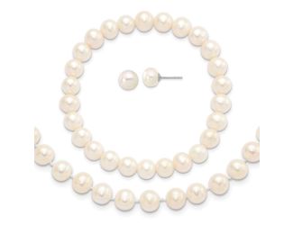 Sterling Silver 7-8mm White Freshwater Cultured Pearl Earring Bracelet Necklace Set