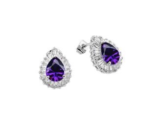 PARIKHS Rhodium Plated Teardrop Purple Baguette Clear CZ Stud Earring in 925 Sterling Silver